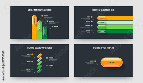 Marketing Launch 3 4 5 1 Element Diagram Slideshow Template Bundle. Service Performance Three Four Five One Step Infographic Slide Design Vector Illustration Collection.