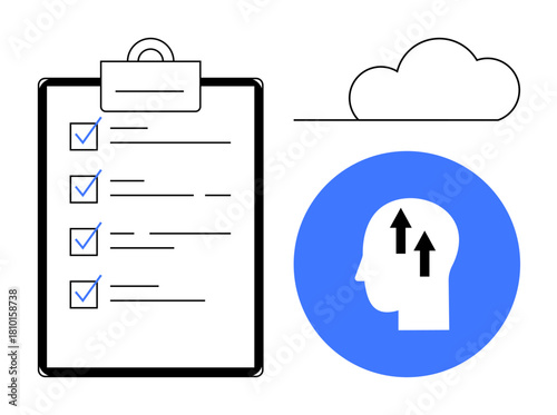 Task management concept. Checklist for organized planning, cloud for digital storage, and a growth icon mindset improvement. For organization, learning, digital tools, self-improvement, and business