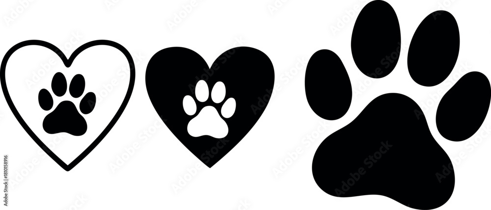 Fototapeta premium Paw prints inside heart shapes and single paw print vector icons in black and white design