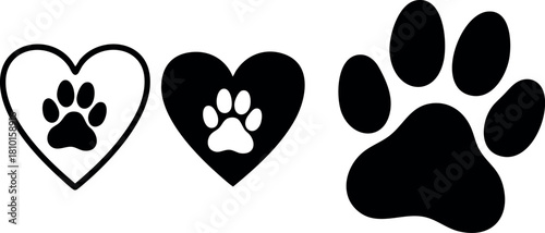Paw prints inside heart shapes and single paw print vector icons in black and white design