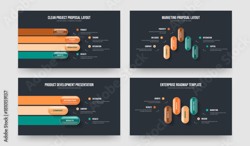 Visual Performance Four Five Three Step Diagram Slide Design Vector Illustration Set. Marketing Review 4 5 3 Option Infographic Presentation Layout Collection.