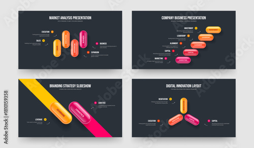 Marketing Visualization Four Five Two Three Element Diagram Slideshow Template Vector Illustration Collection. Visual Growth 4 5 2 3 Step Infographic Slide Design Bundle.