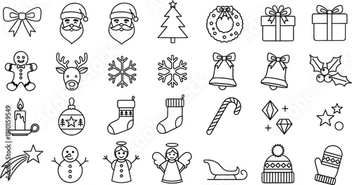Hand drawn christmas icons and holiday elements in black and white