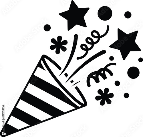 Black and white celebration confetti popper with stars and streamers illustration