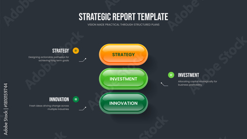 Creative Development 3 Step Diagram Presentation Design. Enterprise Strategy Three Option Infographic Slideshow Layout. Advertising Launch Slide Template Vector Illustration.