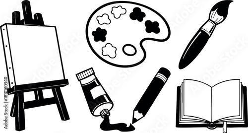 Art supplies painting brush palette easel pencil tube and open book vector illustration