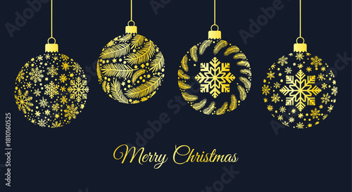 Elegant christmas ornaments with golden snowflake designs on a dark background