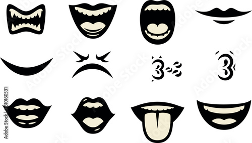 Set of various cartoon mouth expressions with teeth tongue and lips in black and white style vector illustration