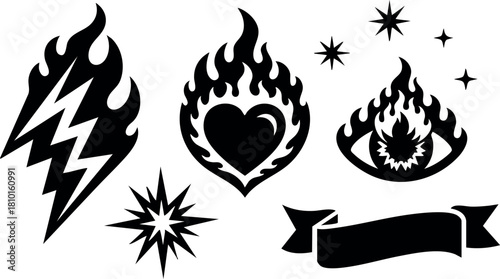 Black flame icons set with heart eye stars lightning and banner vector illustration symbols design