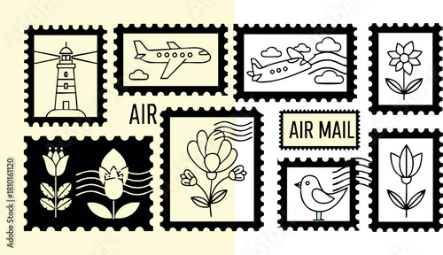 Vintage air mail postage stamps with flowers bird airplane lighthouse retro design vector illustration