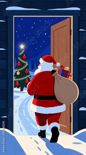 Santa Claus Returns with Gifts at Winter Doorway