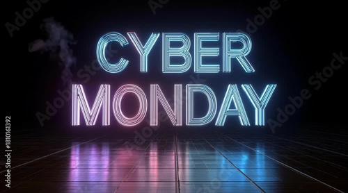 This vibrant neon sign showcases the words Cyber Monday, radiating energy against a black backdrop with a grid pattern. It captures the excitement of online shopping deals during the holiday season.