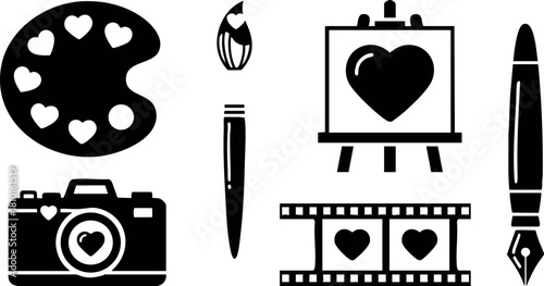 Art tools with heart shapes paintbrush camera palette film strip vector illustration