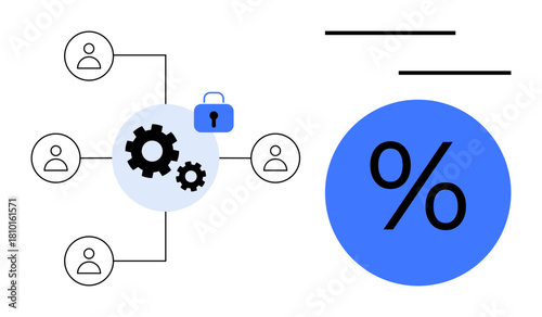Connected user icons around gears with a security lock highlight teamwork, functionality, and data protection. Large percentage sign emphasizes metrics, analysis, and growth. Ideal for collaboration