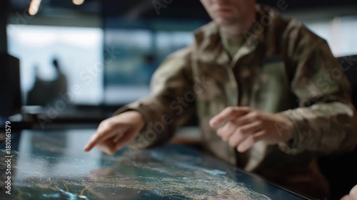Close-up of command center personnel interacting with 3D holographic maps displaying flight paths, enemy positions, and engagement zones, highlighting high-tech air defense coordination, real-time