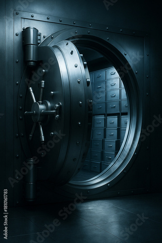 Secure bank vault with open steel door and safety deposit boxes