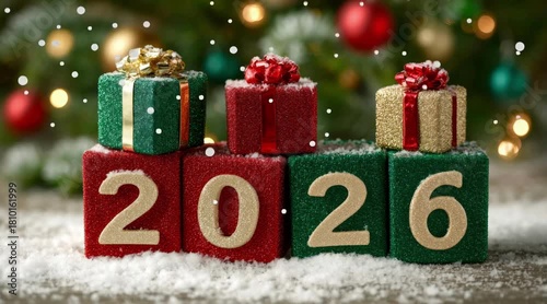 Colorful blocks spell out the year 2026 surrounded by small gift boxes. Soft snow covers the ground, while a decorated tree adds a festive touch to the cheerful atmosphere.