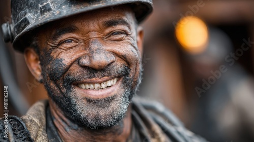 Portrait of a smiling miner with a helmet and coal-stained face, capturing the pride and resilience of mining workers
