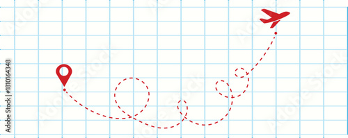 Red airplane charting a course on a grid with location marker