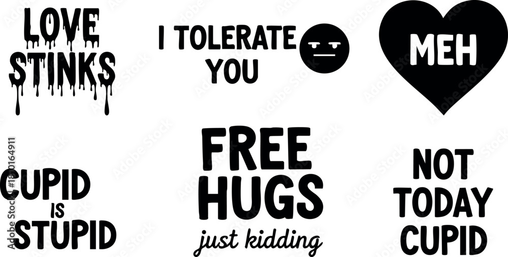 Naklejka premium Love stinks cupid is stupid free hugs just kidding not today cupid tolerance heart emotion feelings humor vector illustration