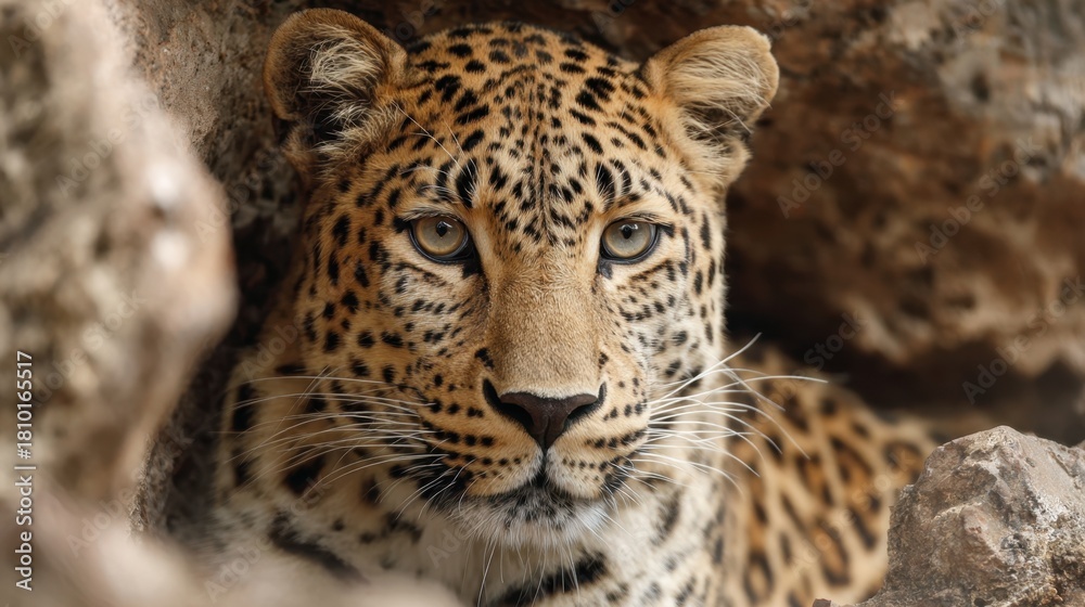 Naklejka premium Leopard rests quietly among rocks blending with the natural environment while observing its surroundings.