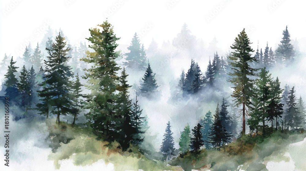 Obraz premium Lush green evergreens stand tall in a misty forest enveloped in soft ethereal fog creating tranquility.