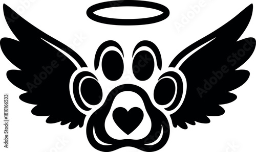 Paw print with wings and halo black silhouette pet symbol design vector illustration