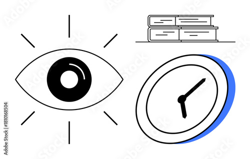 Black-and-white eye with rays, stack of books, and modern clock conveying ideas of observation, learning, and time. Ideal for education, productivity, awareness, research focus planning