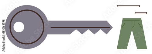 Gray key next to green pants, combining metaphorical security, privacy, accessibility, and physical objects. Ideal for safety concepts, access rights, data protection, minimalism functionality