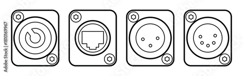 Minimalist linear icons of four stage connectors: PowerCON-style power socket, RJ45 Ethernet port, 3-pin XLR audio connector, and 5-pin XLR DMX connector. Clean black outline