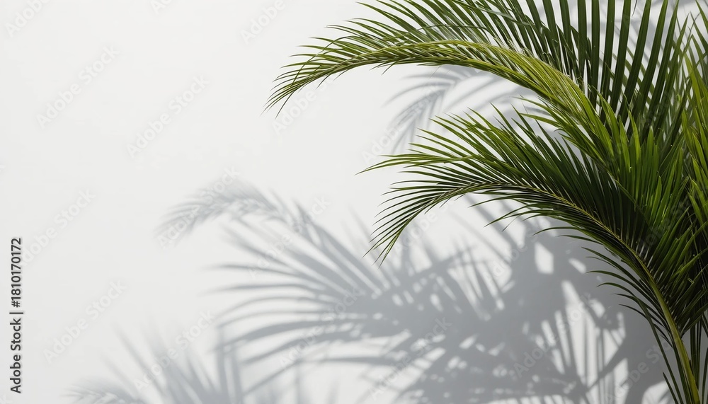 Fototapeta premium Green Palm Leaves Casting Shadows on White Wall.