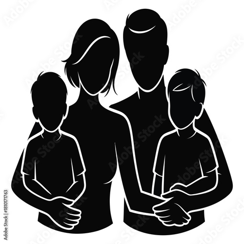 A heartwarming silhouette illustration showcases a family of four, with parents and two children, their hands clasped together, isolated on white background a symbol of unity, love, and togetherness