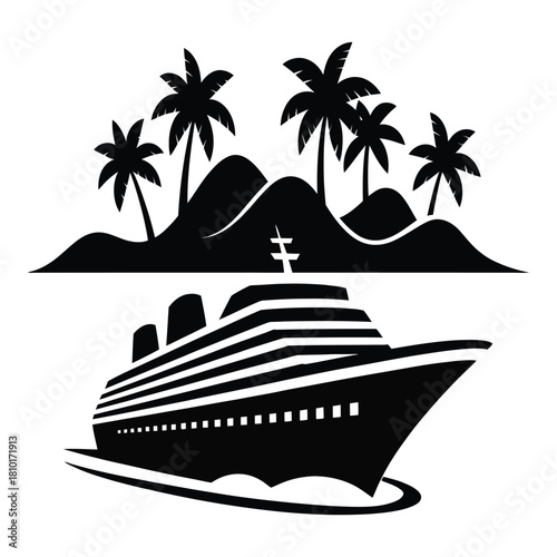 A tropical cruise ship sailing towards an island with palm trees, isolated on white background perfect for travel, vacation, and adventurethemed designs