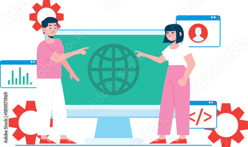 Web Development Team Illustration – Digital Technology Concept Vector