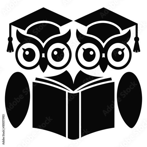 Two wise owls wearing graduation caps are reading a book, symbolizing education and knowledge, isolated on white background the black and white vector illustration is simple and clean