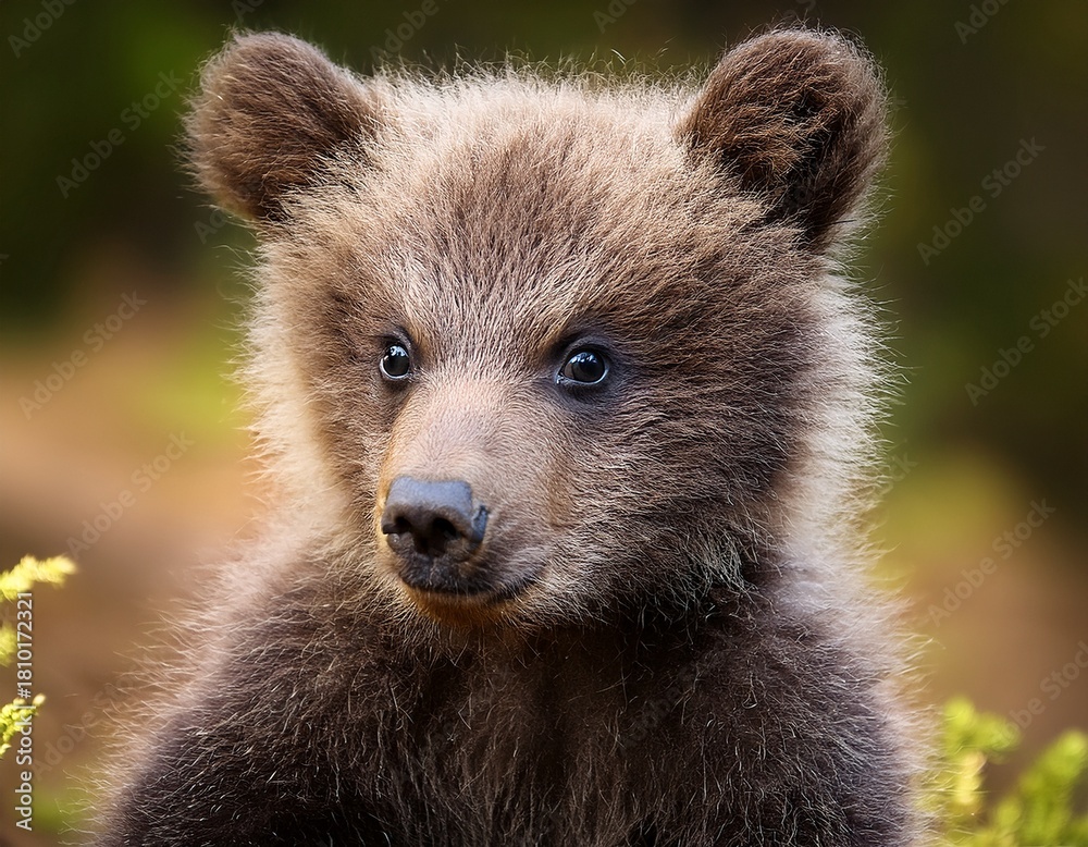 Fototapeta premium Adorable Brown Bear Cub Portrait: A Close-Up of a Young, Furry Grizzly in its Natural Habitat.