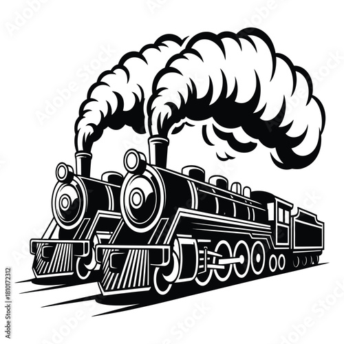 A striking black and white illustration showcases two vintage steam locomotives, billowing smoke, symbolizing power, nostalgia, and the golden age of rail travel isolated on white background