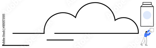 Cloud computing. Cloud computing with minimal lines, user accessing virtual storage solutions. Cloud computing for data management, storage, and technology services. Can be used for tech, innovation