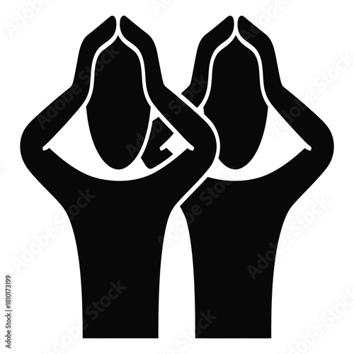 Two stylized figures stand side by side, each raising their hands to their head in a gesture of stress, frustration, or contemplation isolated on white background