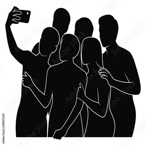 A group of silhouetted friends gathers closely to capture a selfie, embodying camaraderie, shared experiences, and the joy of documenting moments together isolated on white background