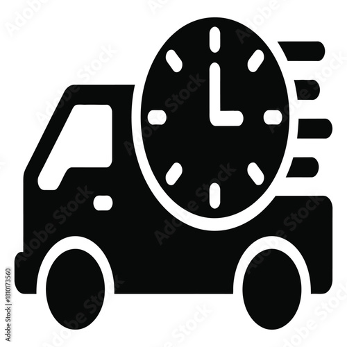 Delivery truck icon with clock isolated on white background depicting fast shipping, express delivery, and timely service, ensuring prompt and efficient transportation