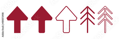 set of five different up arrow styles in maroon color solid, outline, tree shape. ideal for navigation, growth charts, and directional icons.