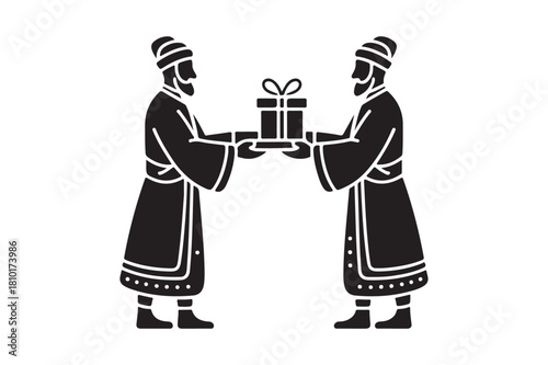 Two figures in robes exchange a gift in a stylized illustration