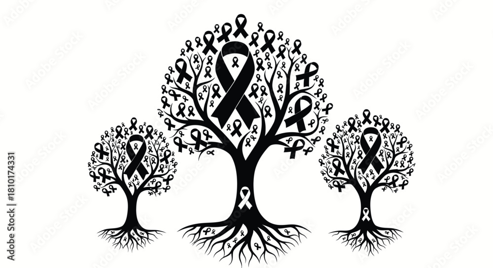 Obraz premium World AIDS Day Awareness Tree Black & White Vector Illustration Set