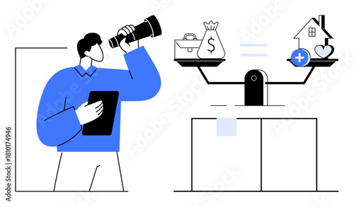 Financial decision-making concept. A person evaluates financial balance between assets and expenses. Financial planning supports investments and budgeting decisions. For personal finance, wealth