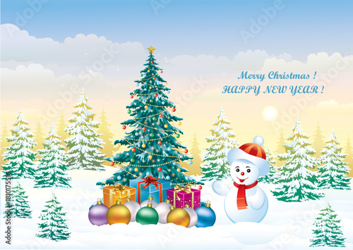 Merry Christmas and Happy New Year greeting card. Christmas tree, gift boxes, snowman. Christmas landscape. Vector illustration for background, festive design, invitation, website banner, marketing.