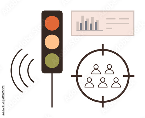 Traffic light and radar waves, bar chart with statistics, and group in crosshair. Ideal for decision-making, teamwork, analytics, prioritization, planning strategy performance. Simple flat metaphor