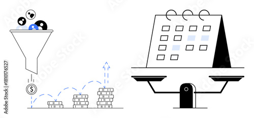 Funnel filtering leads into coins and stacked profits with progress indicators. Calendar on a scale emphasizing task prioritization and balance. Ideal for business, marketing, planning, finance