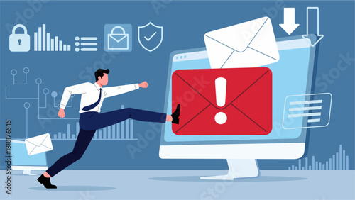 Business Professional Kicking Away Spam Icon in Dynamic Cybersecurity Illustration