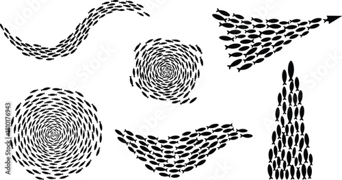 School of fish formations in abstract motion, spiral, arrow, wave, pyramid shapes for marine biology, nature, and underwater design themes.